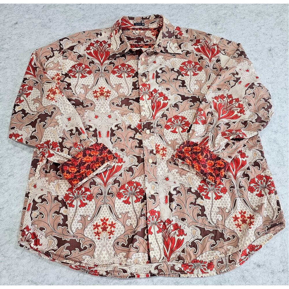 Robert Graham Button Down Shirt Earth Toned Floral, Contrasting Cuff, Sz 3XL